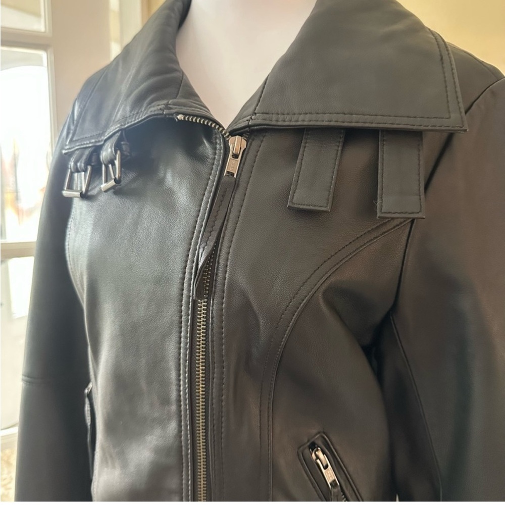 Calvin Klein Black Leather Funnel Collar High Neck Asymmetrical Moto Jacket XS - Picture 2 of 10